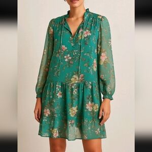 Anthropologie Maeve Green Colorful Floral Boho Puff Sleeve Sheer Shift Midi Sz L